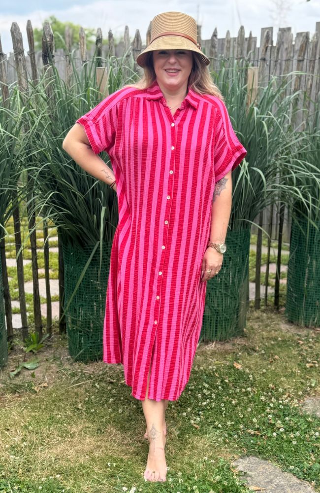 Musselin Kleid gestreift rot/pink